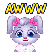 a cartoon rabbit with a pink bow on her ears is wearing a pink shirt with the word awww on it .