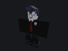 a roblox character wearing glasses and a red tie with the letter r on his shirt