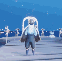 a video game character is standing in front of a blue sky