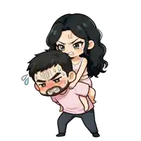 a man is carrying a woman on his back with an angry face