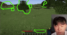 a man is playing a video game with a green outline of a tree