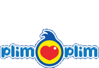 a blue and yellow logo for plim plim with a red heart in the middle