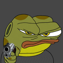 a cartoon frog is pointing a gun at the viewer