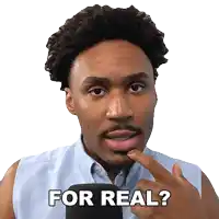 a man in a blue shirt is pointing at his mouth and says " for real "