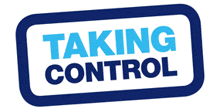 a blue and white taking control logo on a white background