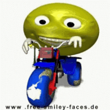 a cartoon smiley face is riding a motorcycle