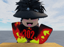 a cartoon character wearing a black hat and a red shirt with the number 302 on it