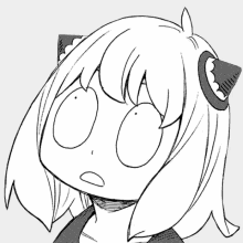 a black and white drawing of a girl with cat ears making a surprised face