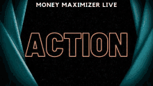 the word action is written on a black background with a blue curtain .