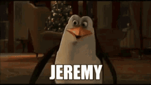 three penguins from spongebob squarepants are standing next to each other and one of them is named jeremy .