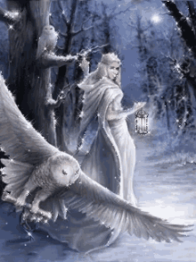 a woman in a white dress is holding a lantern and an owl is flying around her