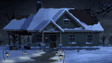 a house decorated with christmas lights and snow