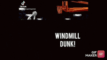 a screenshot of a basketball game with the words windmill dunk on the bottom