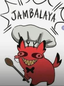 a cartoon drawing of a devil wearing a chef 's hat and holding a wooden spoon