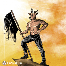 a cartoon drawing of a man with a deer head holding a black flag