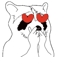 a black and white drawing of a raccoon with red heart shaped glasses covering its eyes .