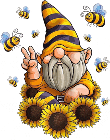 a gnome wearing a striped hat is surrounded by bees and sunflowers