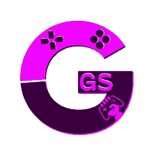 a purple and black logo for gs with a game controller