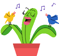 a cartoon illustration of a green plant singing to two birds