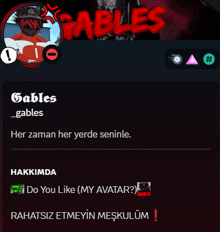 a screen shot of a person 's profile with gables written on it