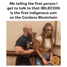 a picture of a man and a woman with the caption " me telling the first person i get to talk to that ibilecoin