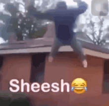 a man is jumping off the roof of a building with the words `` sheesh '' .