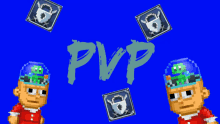 the word pvp is on a blue background with two cartoon characters