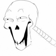 a black and white drawing of a skull with a stick sticking out of it 's mouth .