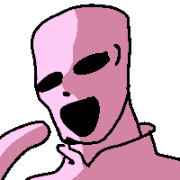 a drawing of a pink alien with a black eye