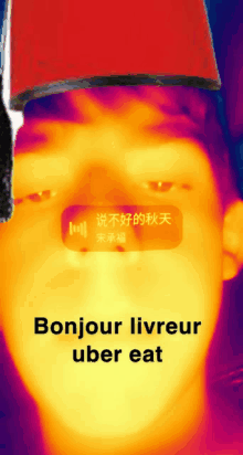 a man wearing a red hat with the words bonjour livreur uber eat below him