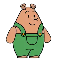 a cartoon bear wearing green overalls and a smile
