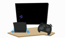 a cartoon illustration of a computer and a game controller with a steam logo in the background