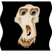 a cartoon monkey skull with green eyes and a black background