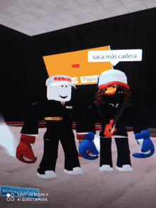 two roblox characters are standing next to each other with one saying saca más cadera