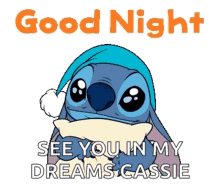 a picture of stitch saying good night and holding a pillow