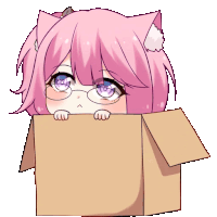 a girl with pink hair and glasses is peeking out of a box