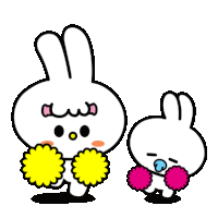 two cartoon rabbits are standing next to each other with pom poms on their ears .