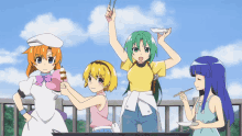 a group of anime characters are gathered on a balcony