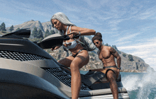 a man and a woman are on a jet ski in the water