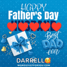 a happy father 's day greeting card with a gift and hearts