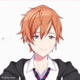 a boy with orange hair and a tie is wearing a black jacket and tie .