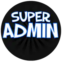 a black circle with the words super admin in white letters