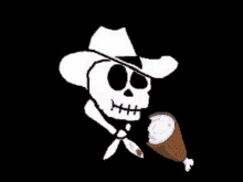 a skull wearing a cowboy hat and holding a piece of meat