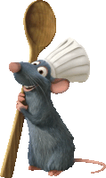 a mouse wearing a chef 's hat holds a wooden spoon