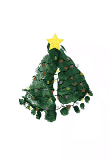 a painting of a christmas tree with lights and a star on top