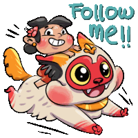 a cartoon of a girl riding a cat with the words follow me written below it