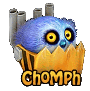 a blue owl with yellow eyes is coming out of a yellow bag with the word chomph written on it .