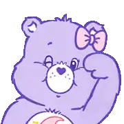 a purple care bear with pink bows on its head