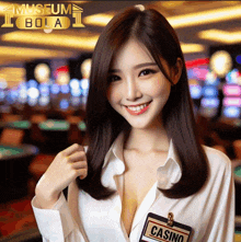 a woman wearing a name tag that says casino on it