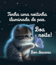 a cat is holding a butterfly in its paws and says boa noite !